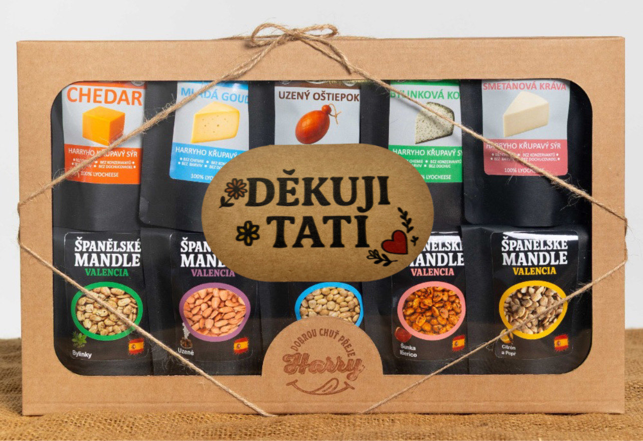 Křupavý sýr a Španělské mandle Dárková sada 10 druhů děkuji tati