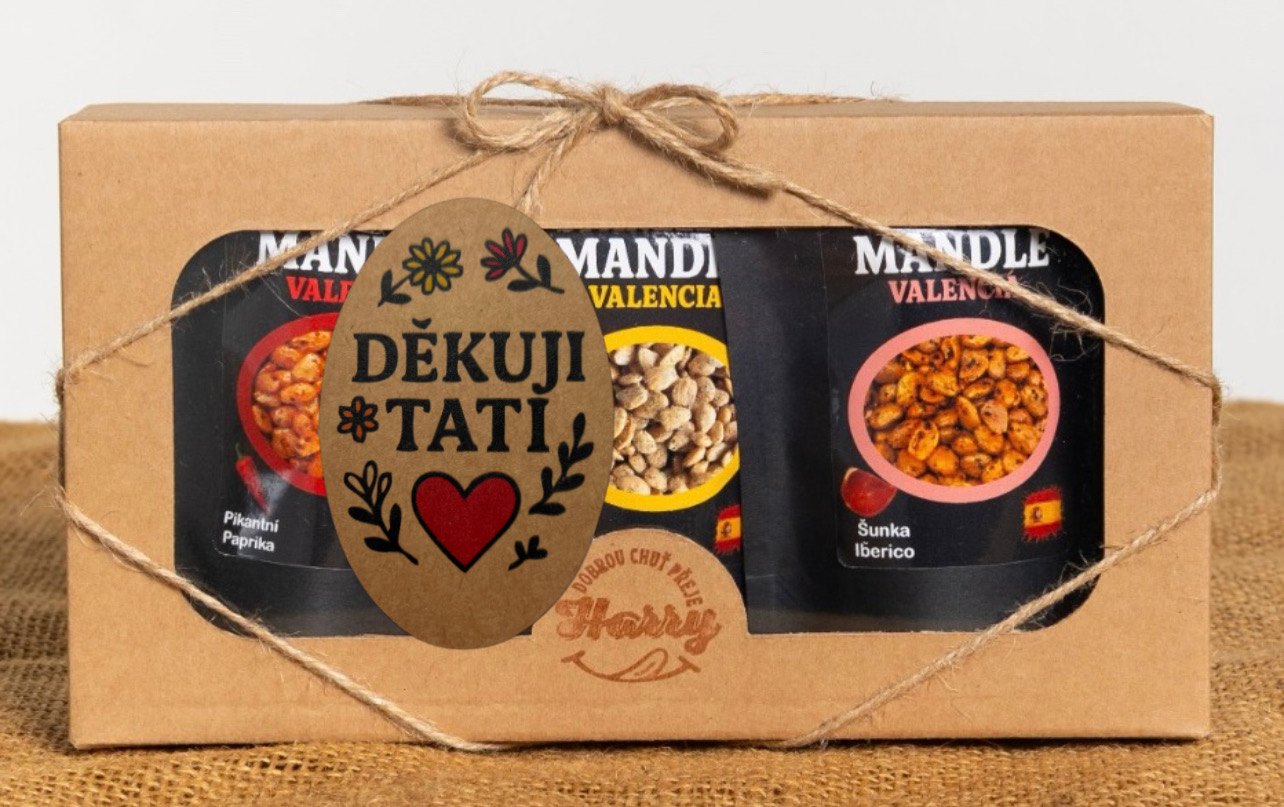 Dárková sada Španělských mandlí mix citron+šunka Iberico+paprika děkuji tati