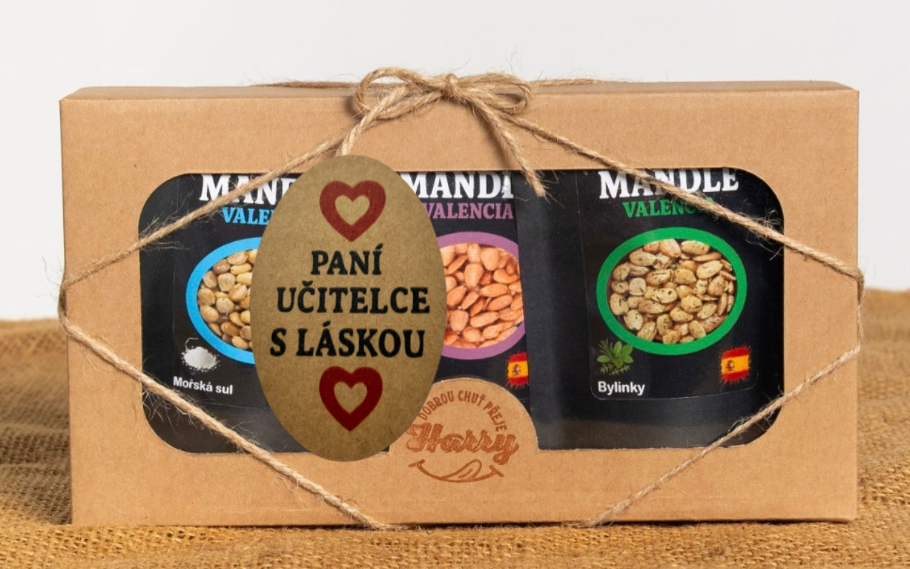 Dárková sada Španělských mandlí bylinky+uzené+mořská sůl paní učitelce s láskou