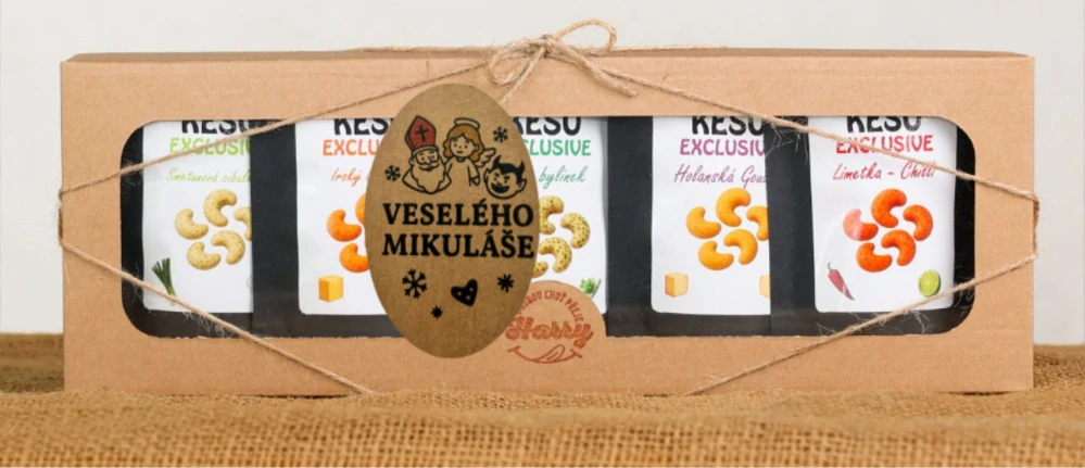 Dárková sada Kešu EXCLUSIVE mix 5 druhů slaných TOP CHUŤ Veselého Mikuláše