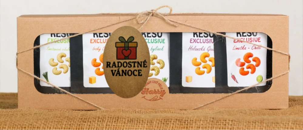 Dárková sada Kešu EXCLUSIVE mix 5 druhů slaných TOP CHUŤ Radostné vánoce dárek