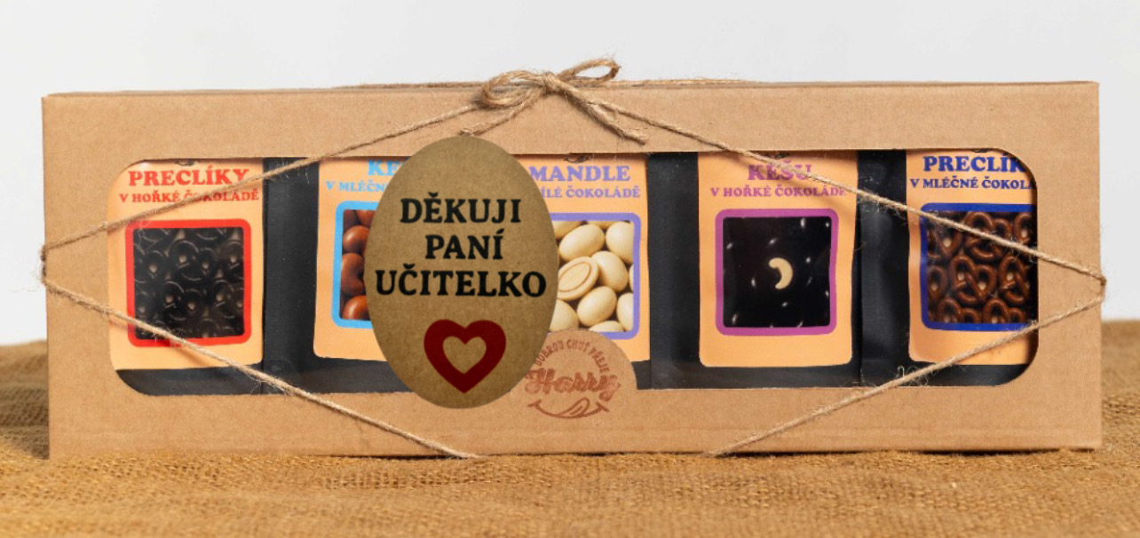 Dárková sada křupavých preclíků a sladkých mandlí mix 5ks děkuji paní učitelko