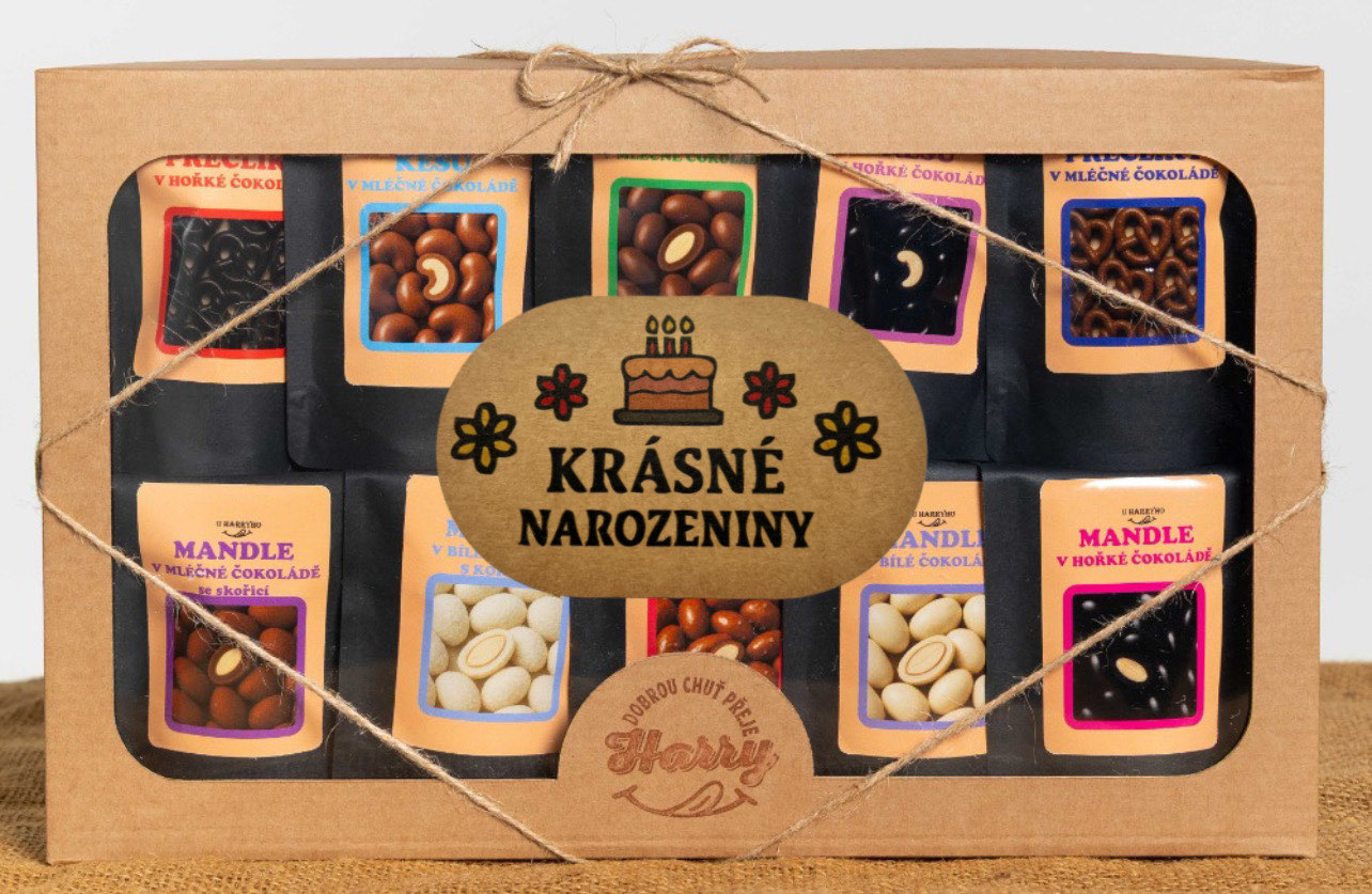 Dárková sada křupavých preclíků a sladkých mandlí mix 10ks krásné narozeniny