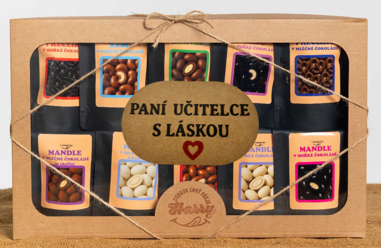 Dárková sada křupavých preclíků a sladkých mandlí mix 10ks paní učiztelce s láskou
