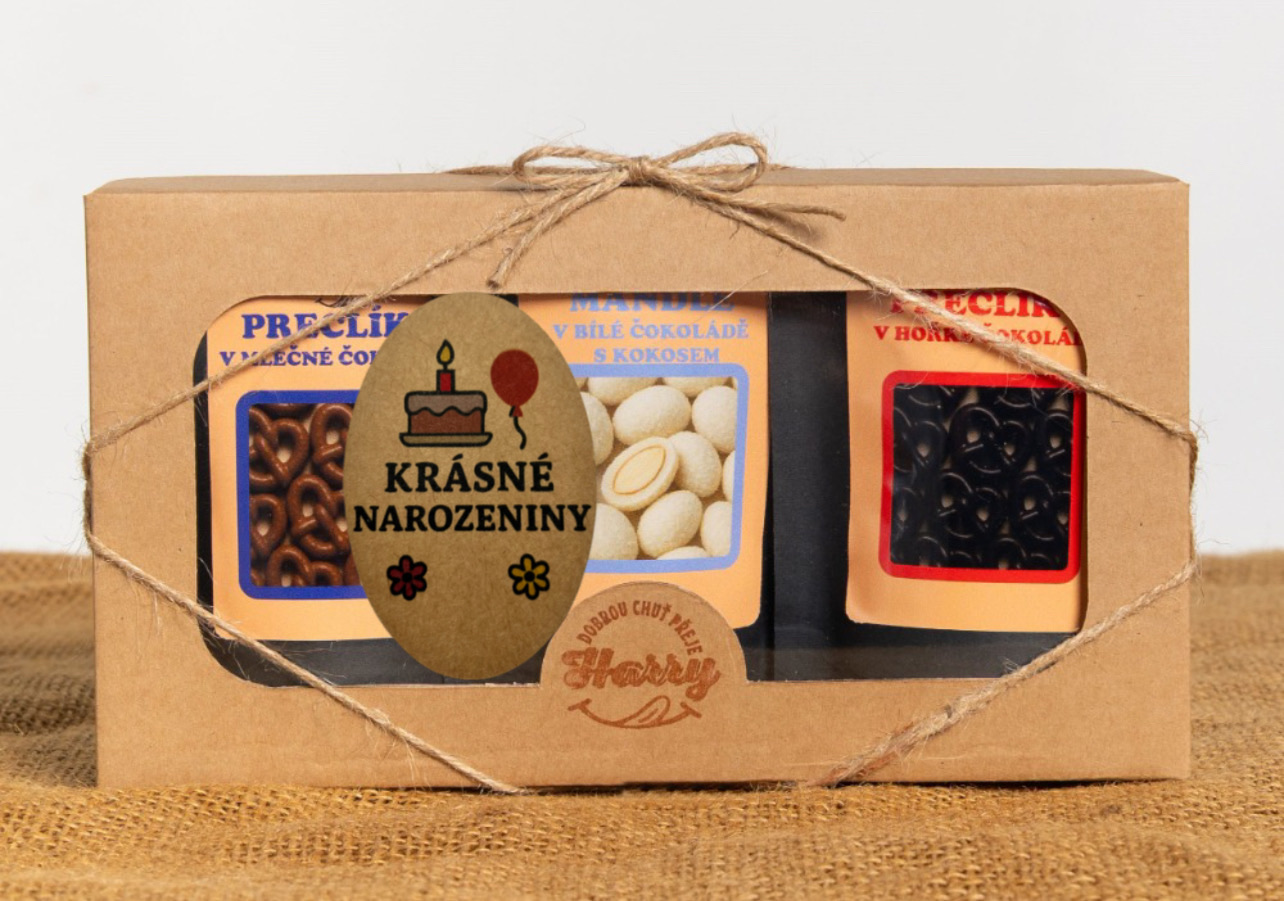 Dárková sada křupavých preclíků a sladkých mandlí mix 3ks krásné narozeniny