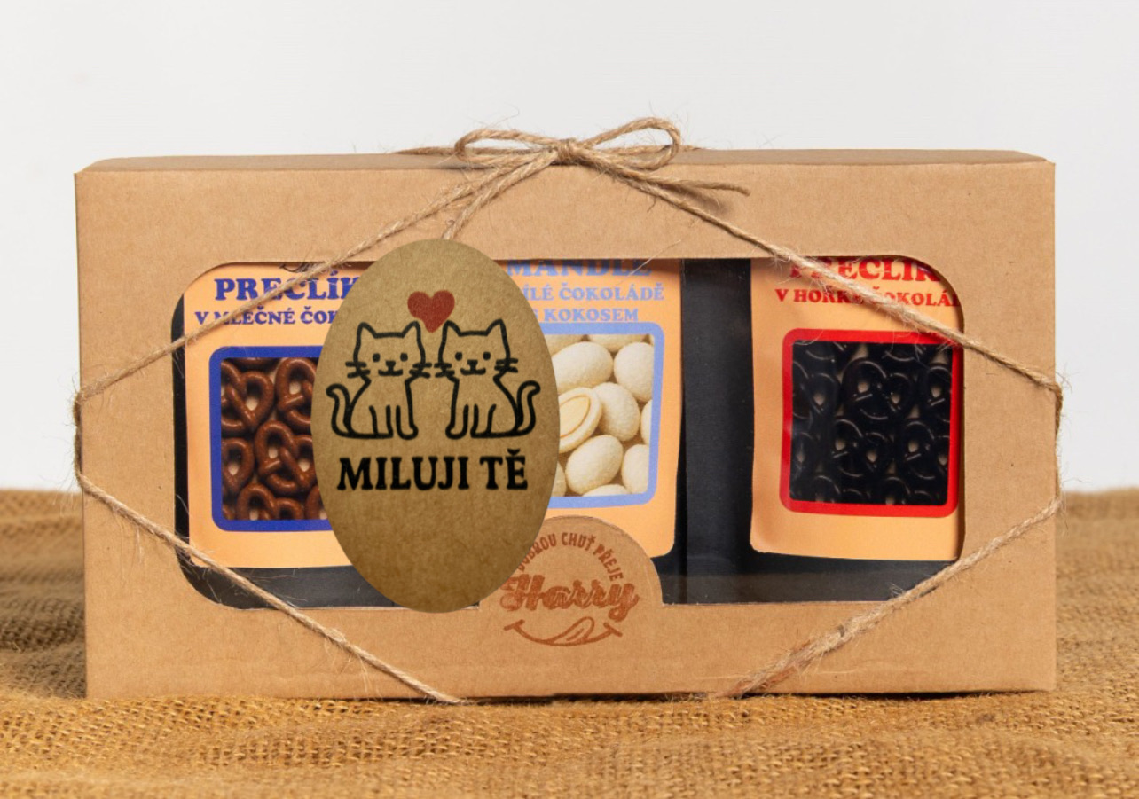 Dárková sada křupavých preclíků a sladkých mandlí mix 3ks miluji Tě