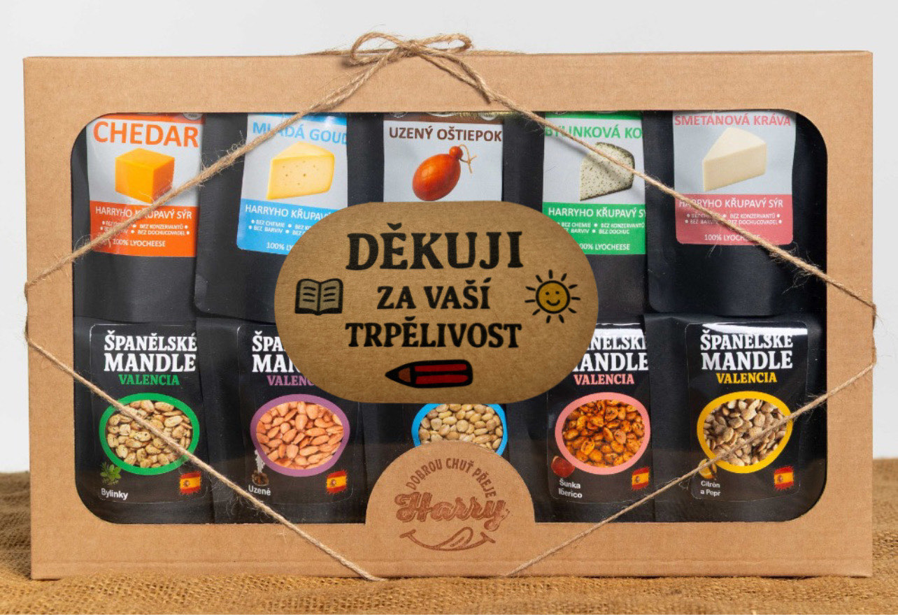 Křupavý sýr a Španělské mandle Dárková sada 10 druhů děkuji za Vaši trpělivost