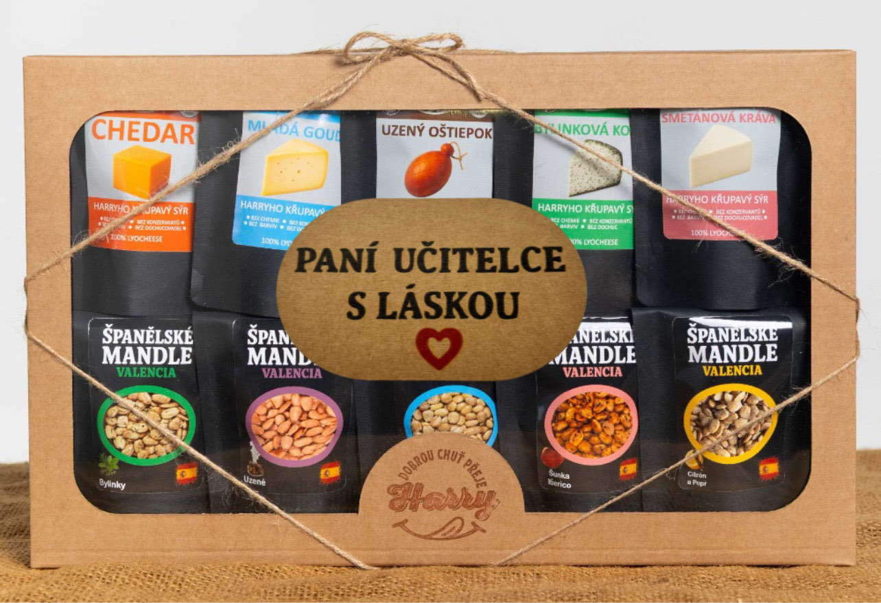 Křupavý sýr a Španělské mandle Dárková sada 10 druhů paní učitelce s láskou
