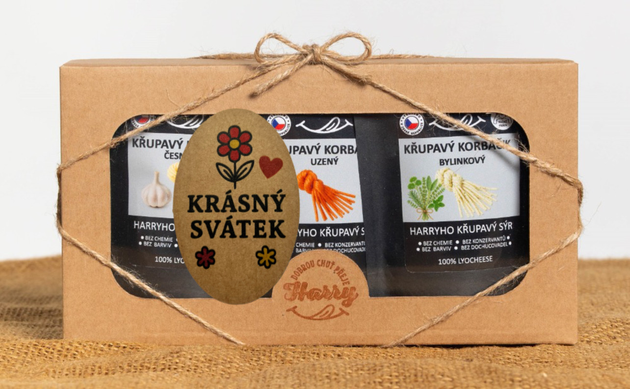 Křupavý sýr Dárková sada 3 druhů lyo korbáčiků od Bači krásný svátek