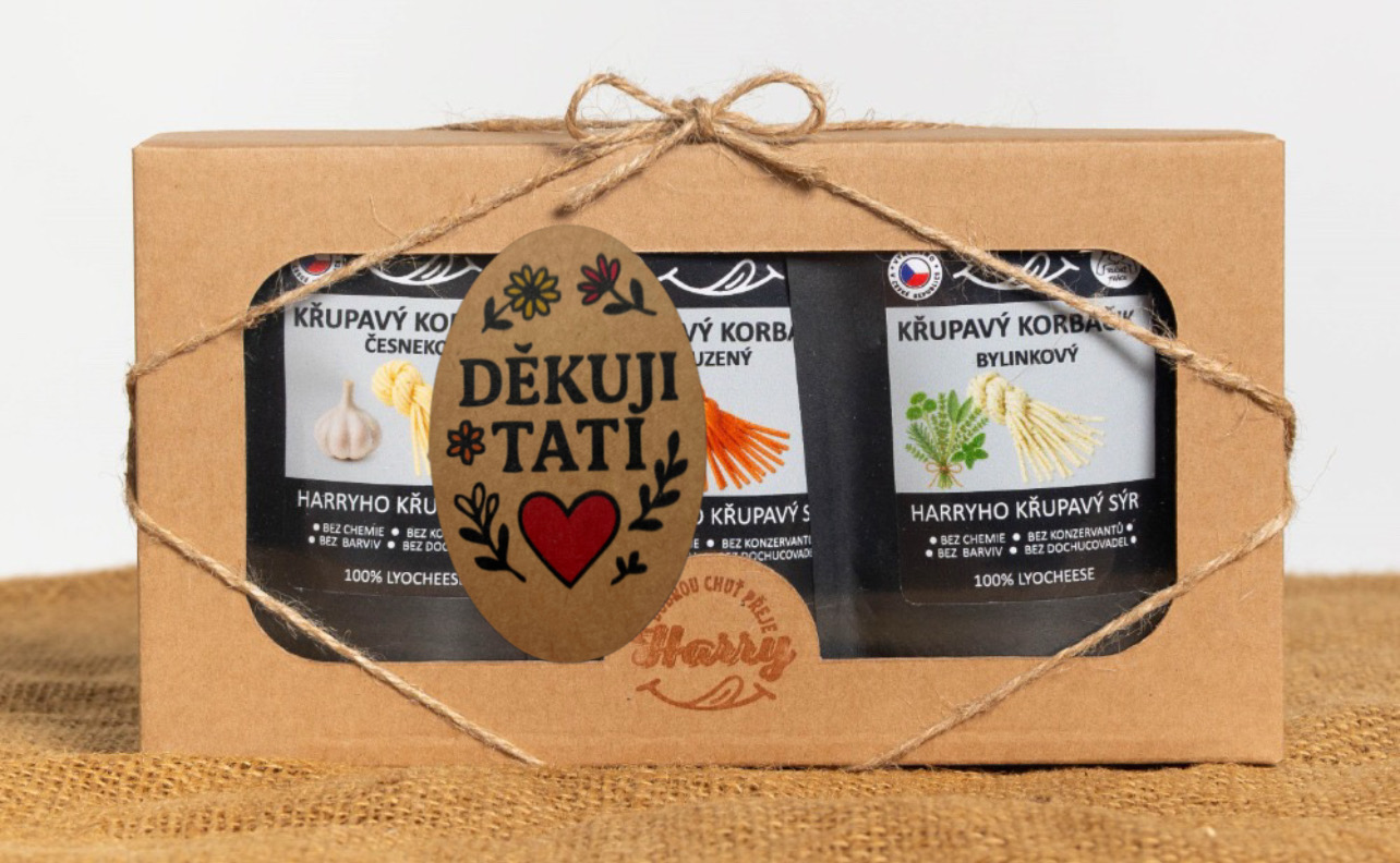 Křupavý sýr Dárková sada 3 druhů lyo korbáčiků od Bači děkuji tati