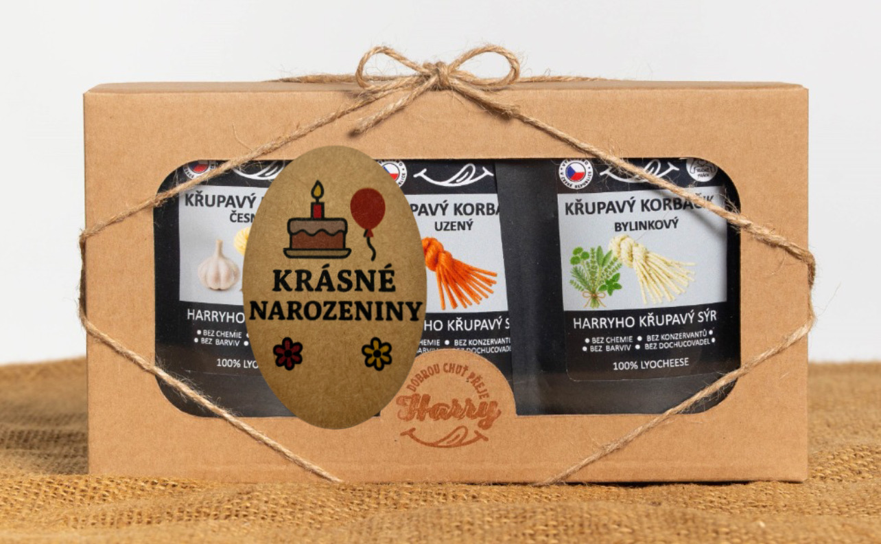 Křupavý sýr Dárková sada 3 druhů lyo korbáčiků od Bači krásné narozeniny