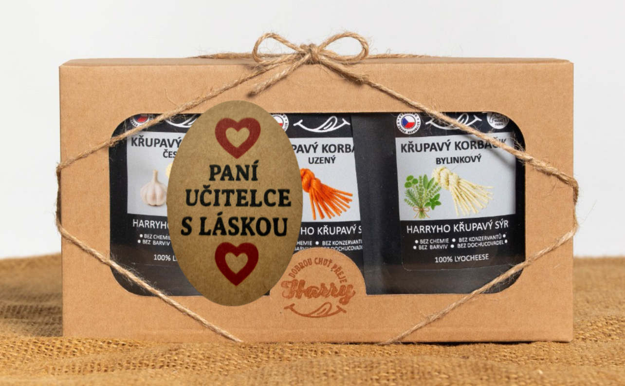 Křupavý sýr Dárková sada 3 druhů lyo korbáčiků od Bači paní učitelce s láskou