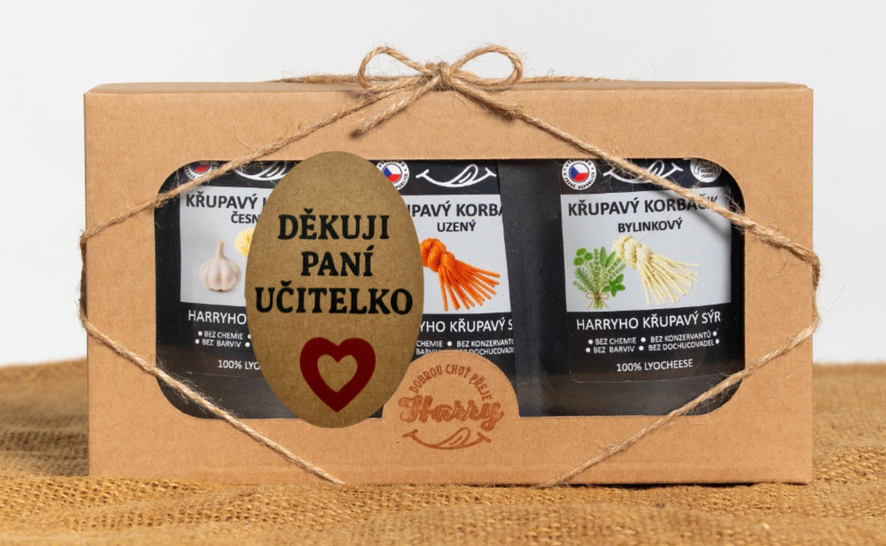 Křupavý sýr Dárková sada 3 druhů lyo korbáčiků od Bači děkuji paní učitelko