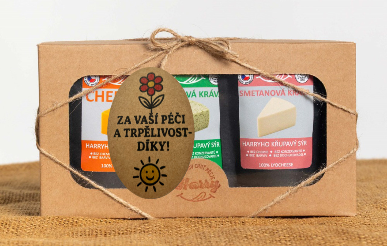 Křupavý sýr Dárková sada 3 druhů lyo sýrů od kravičky za Vaši péči a trpělivost díky