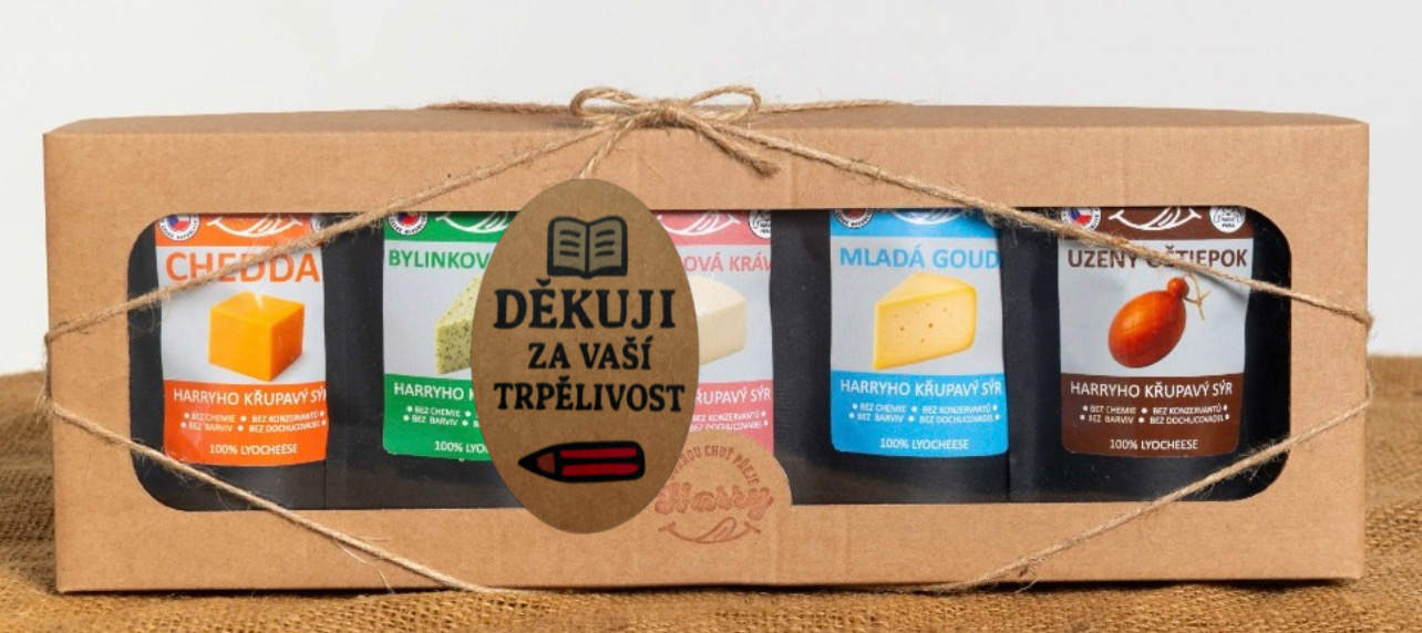 Křupavý sýr Dárková sada 5 druhů lyo sýrů od kravičky děkuji za Vaši trpělivost