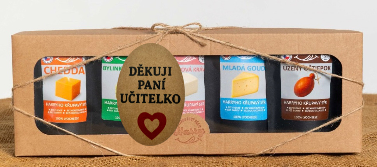 Křupavý sýr Dárková sada 5 druhů lyo sýrů od kravičky děkuji paní učitelko