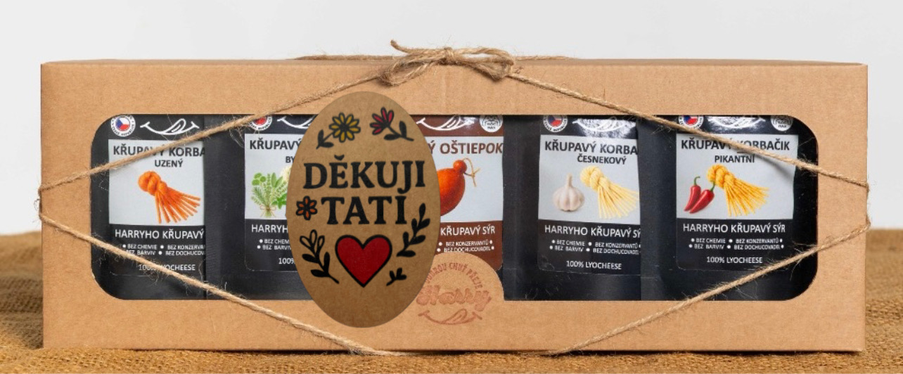 Křupavý sýr Dárková sada 5 druhů lyo korbáčiků od Bači děkuji tati