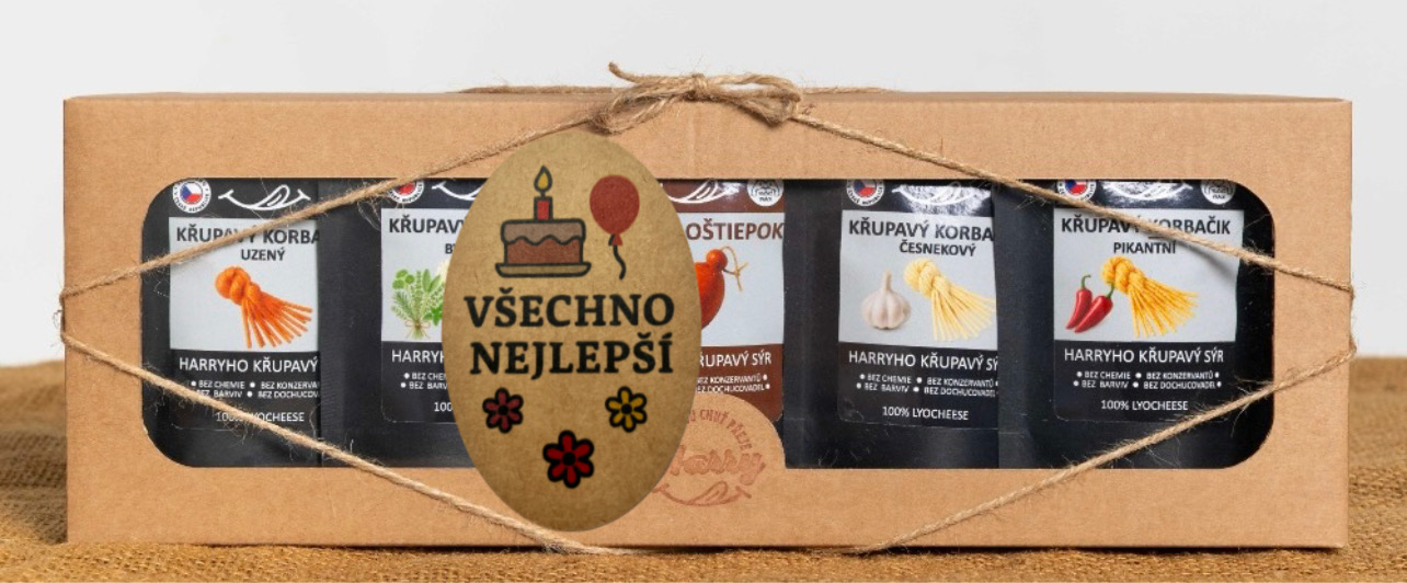 Křupavý sýr Dárková sada 5 druhů lyo korbáčiků od Bači všechno nejlepší