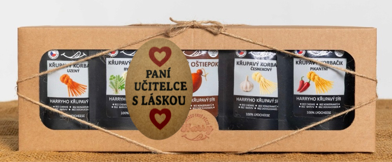 Křupavý sýr Dárková sada 5 druhů lyo korbáčiků od Bači paní učitelce s láskou