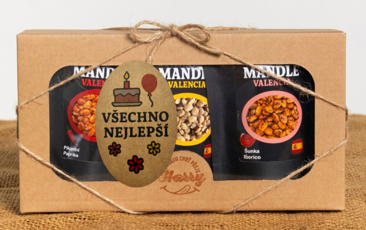 Dárková sada Španělských mandlí mix citron+šunka Iberico+paprika všechno nejlepší