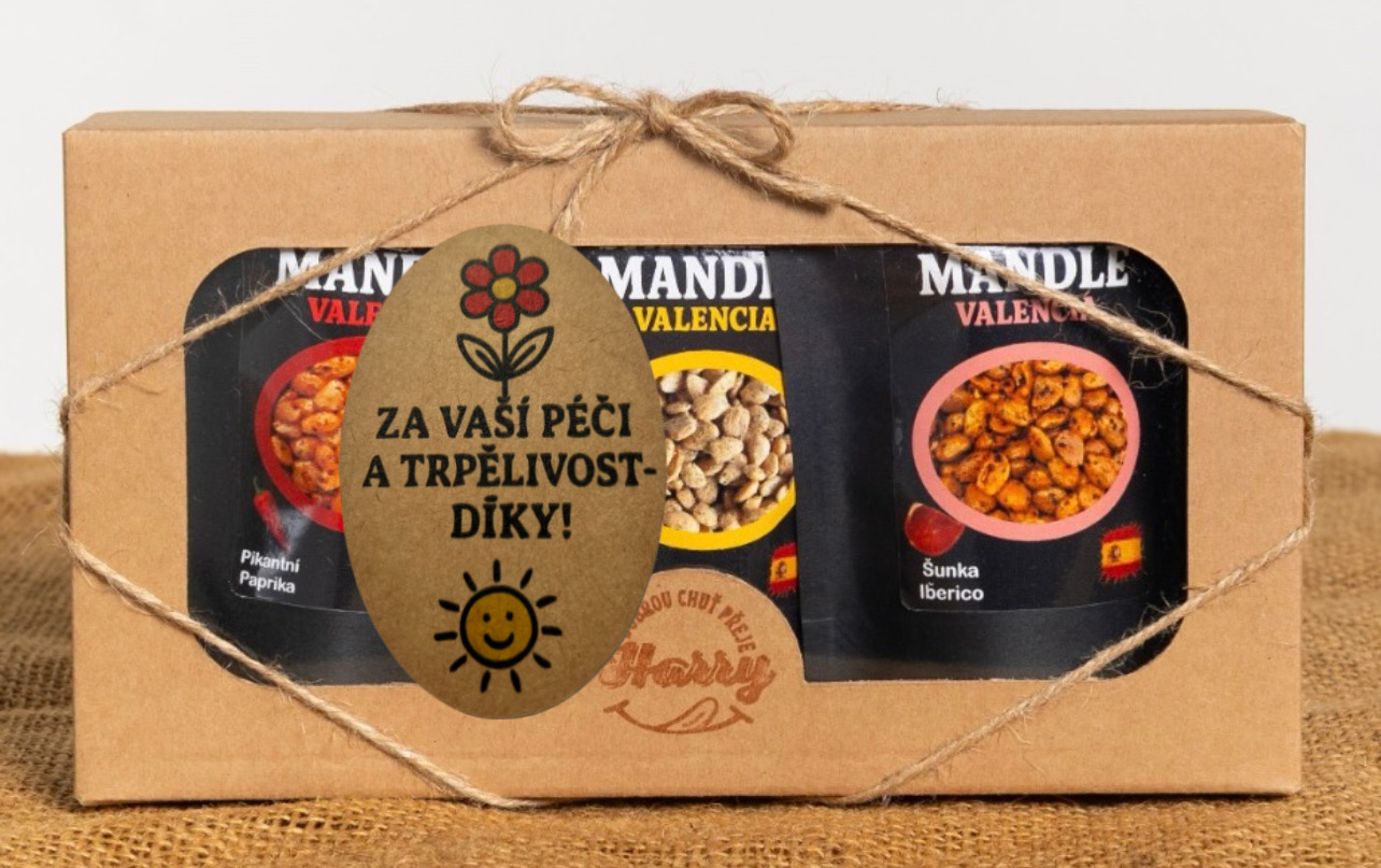 Dárková sada Španělských mandlí mix citron+šunka Iberico+paprika za VAši trpělivost a péči díky