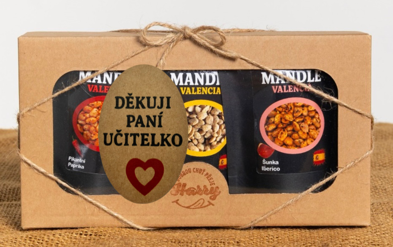 Dárková sada Španělských mandlí mix citron+šunka Iberico+paprika děkuji paní učitelko