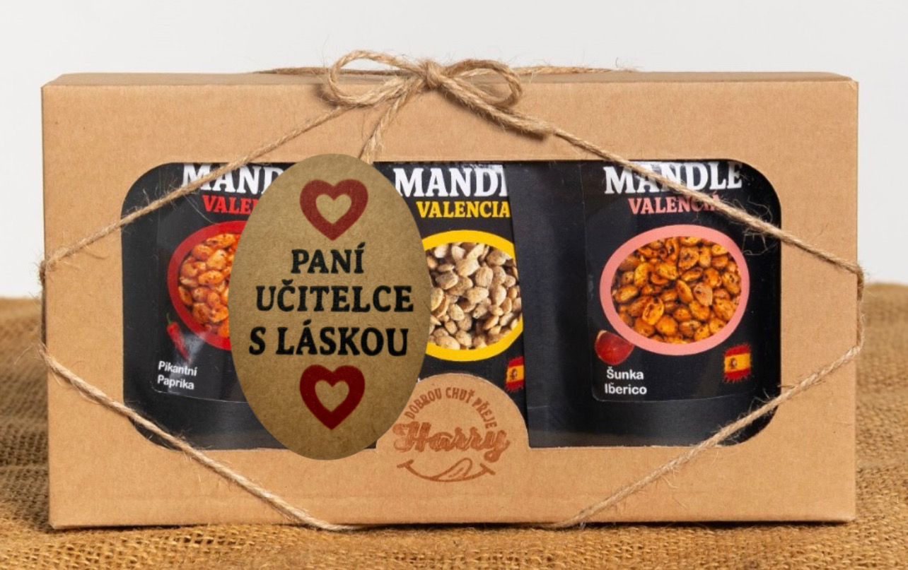 Dárková sada Španělských mandlí mix citron+šunka Iberico+paprika paní učitelce s láskou