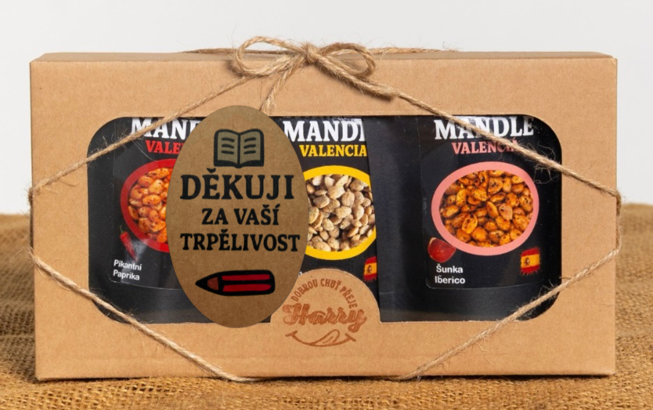 Dárková sada Španělských mandlí mix citron+šunka Iberico+paprika děkuji za Vaši trpělivost