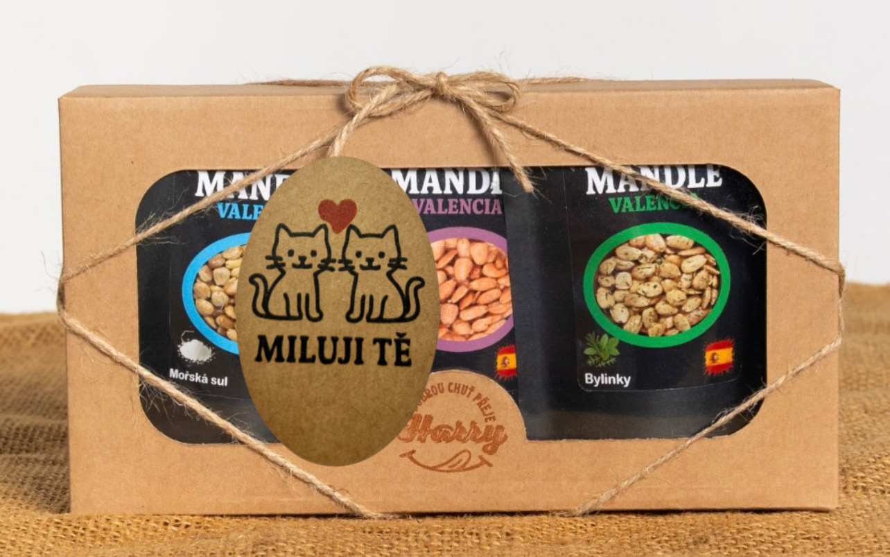 Dárková sada Španělských mandlí bylinky+uzené+mořská sůl miluji Tě